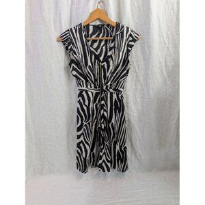 H&M Women Sz 2 Zebra Print short Satin Dress Black White Full Zip cap sleeve D7